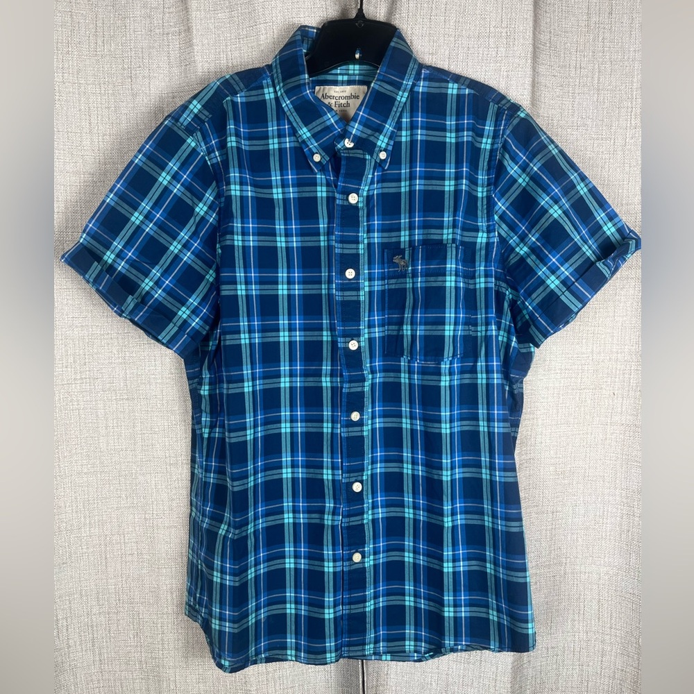 ABERCROMBIE & FITCH Button Up Shirt Men's Plaid Blue Short Sleeve Sz XXL Cotton